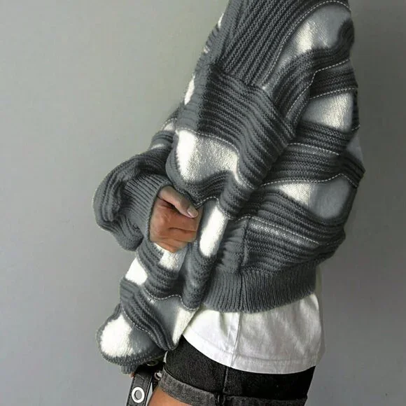 Ash Casual Women's Round Neck Wave Stripe Color Long-Sleeved Knit Sweater - Picture 3 of 4